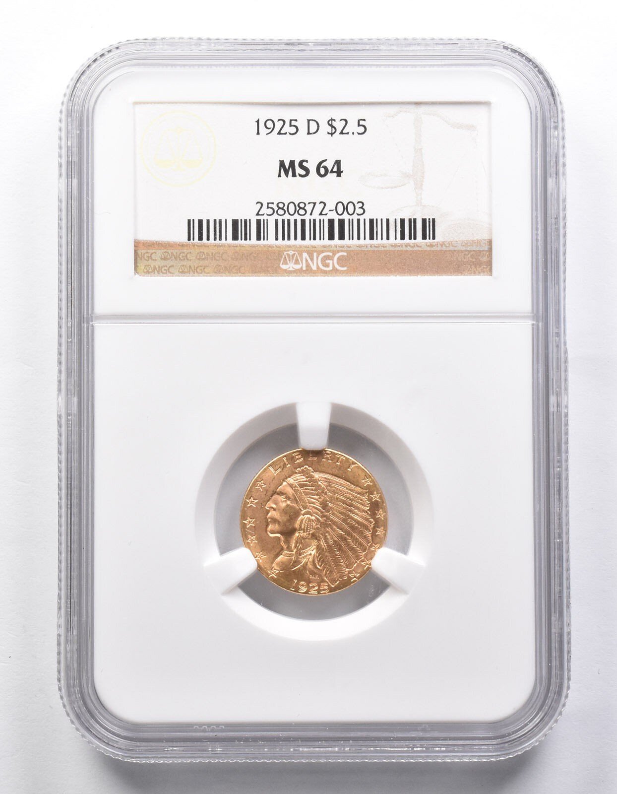 1925 D $2.50 Indian Head Quarter Eagle Gold MS64 Certified Coin