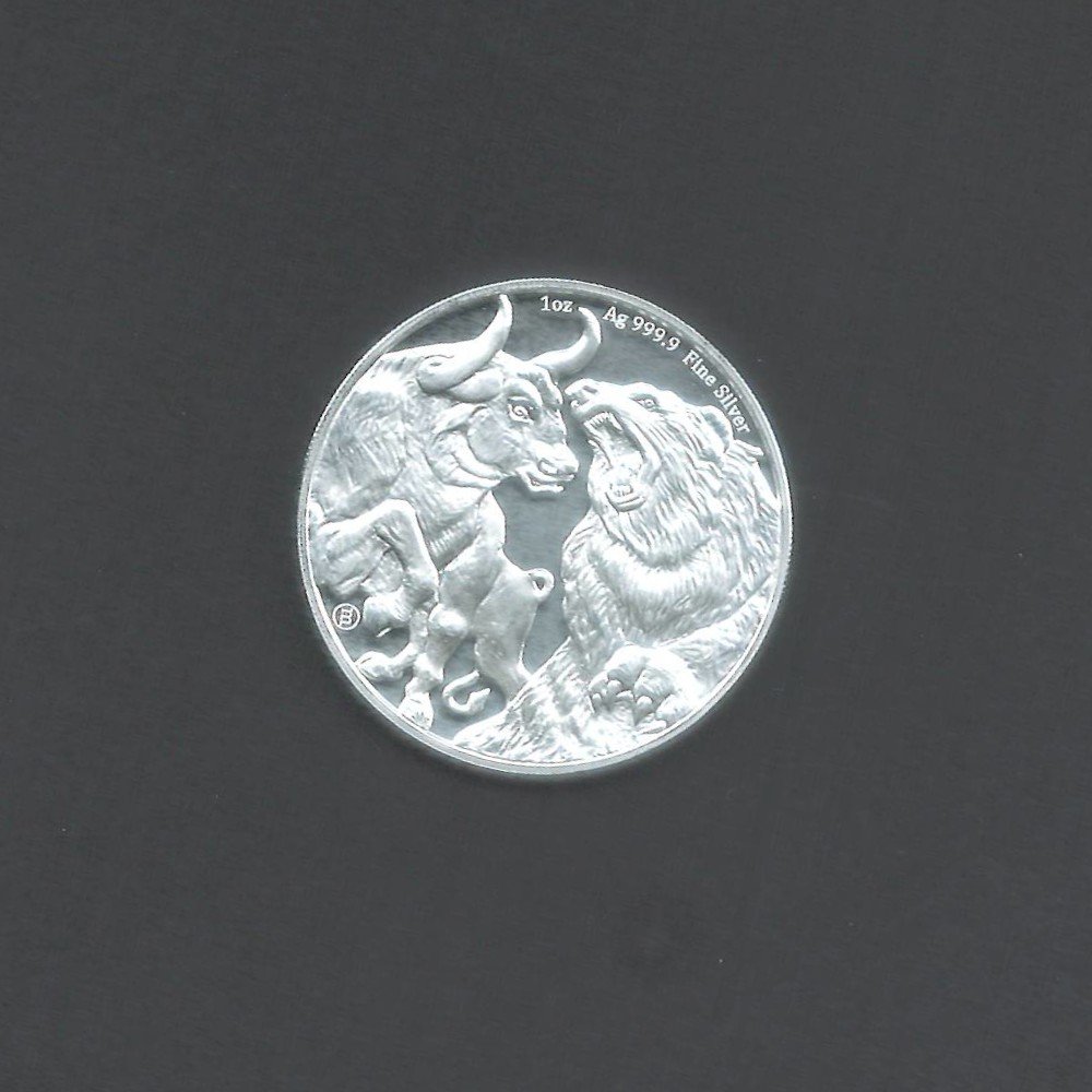 2022 $5 Bull and Bear Raw Power Hunter Silver BU 31.103 gm / 1 Troy oz Coin