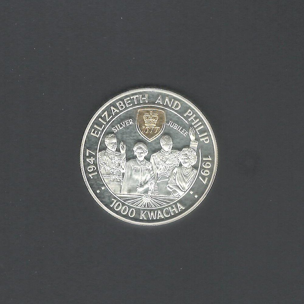 1997 Rare Commemorative issue / Golden Wedding Zambia 1000 Kwacha Crown  Silver Jubilee 1947-1997 Silver BU Proof Coin