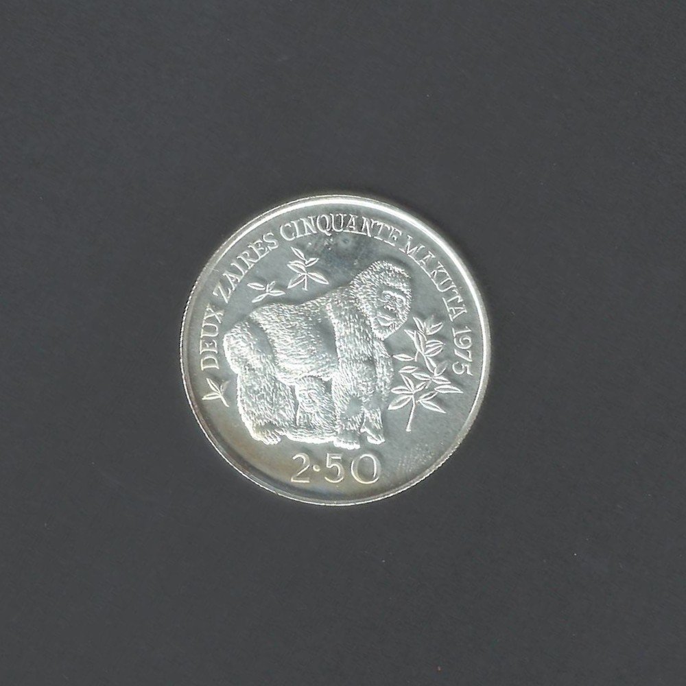 1975 Conservation 2.5 Zaires Mountain Gorillas Silver Proof UNC Zaire Coin