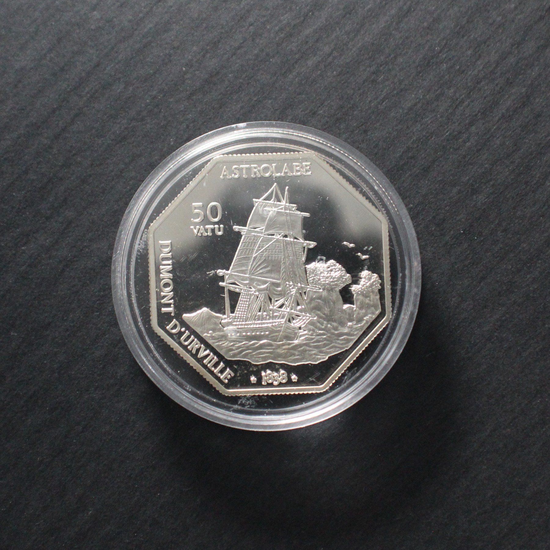 1999 50 Vatu Three Masted Corvette Astrolabe Ship Clipper Silver Proof UNC Coin